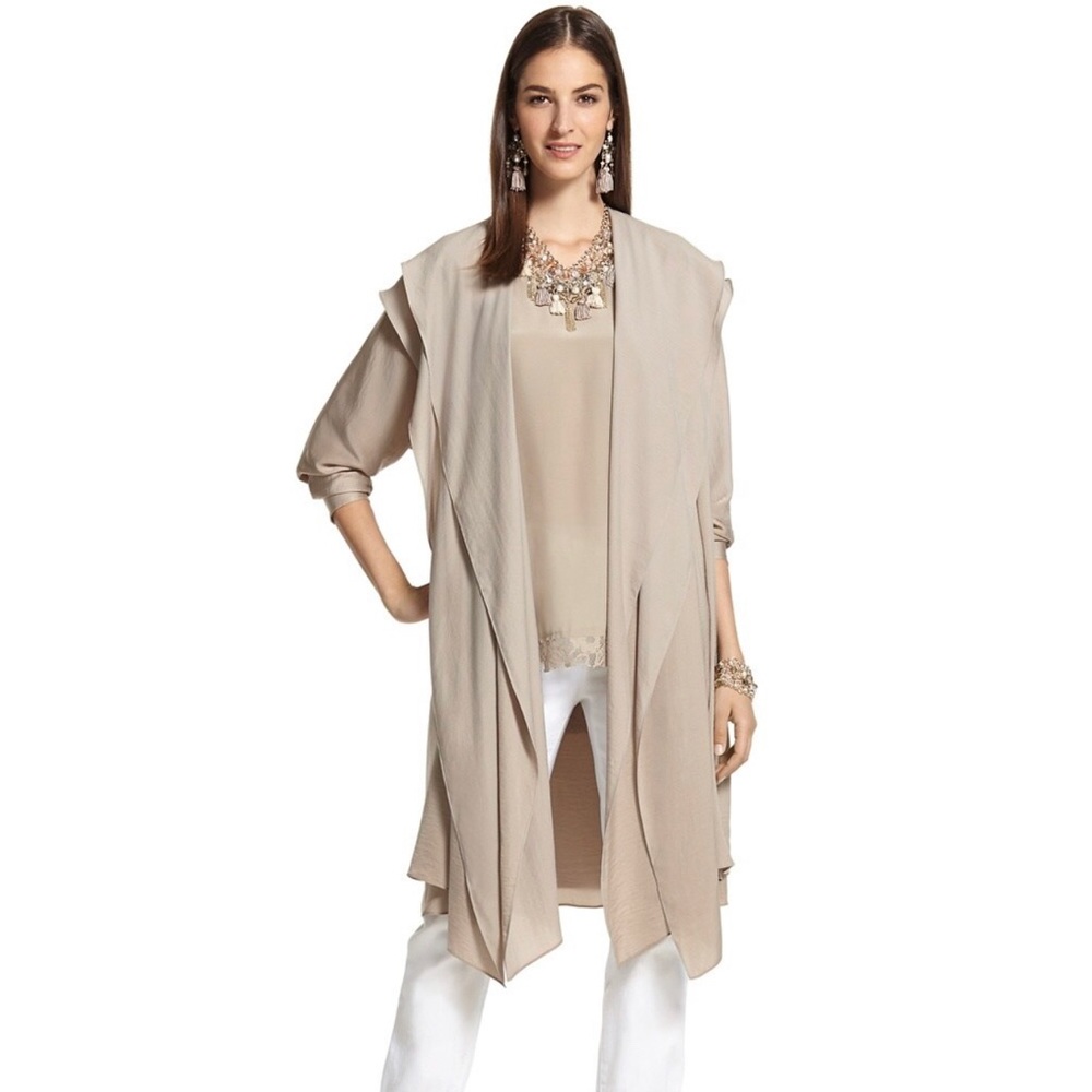 Chicos Black Label Flounce NeckTopper & Silk Top Size 2 Taupe NWT Retail $268